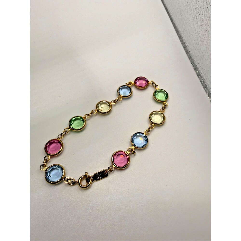 Vintage Swarovski Swan Multicolor Bezel Crystal Gold Tone Link Bracelet 7"